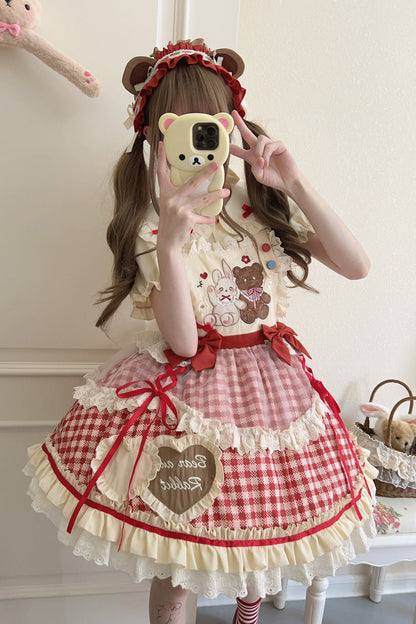 Rabbit Bear Plaid Ruffle Bow Sweet Lolita Skirt with Blouse