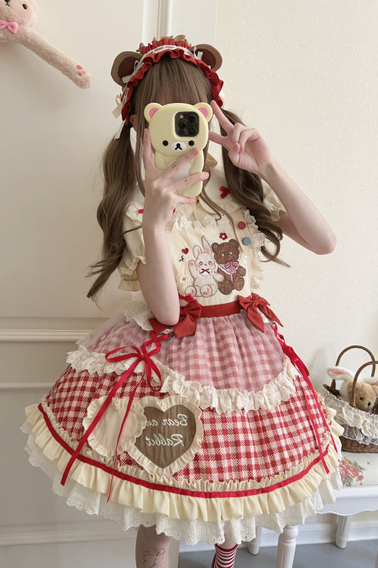 Rabbit Bear Plaid Ruffle Bow Sweet Lolita Skirt with Blouse