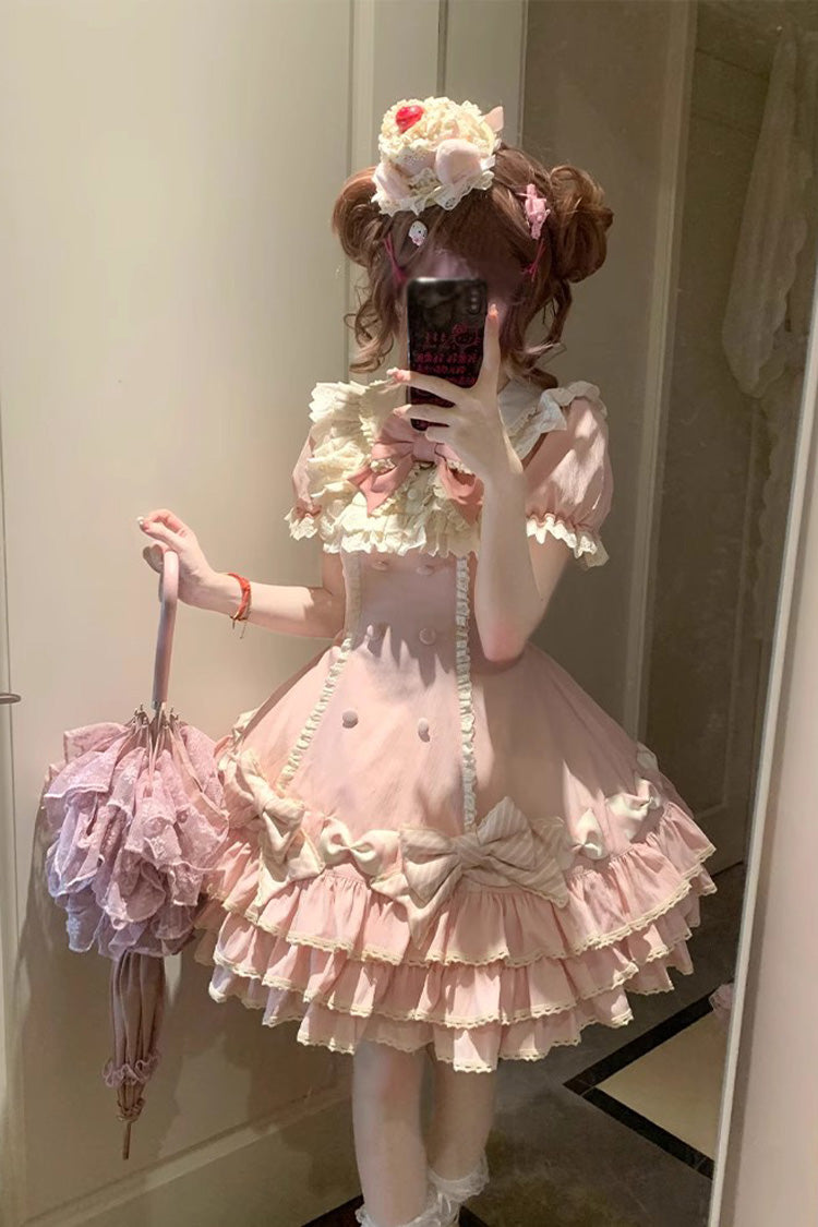 Rose Striped Layered Short Sleeves Multi Ruffle Bow Sweet Princess Lolita Tiered Dress