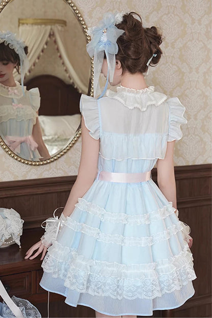 Blue Frosted Cake Stand Collar Sleeveless Ruffle Bow Lace Sweet Japanese Princess Lolita Tiered Dress