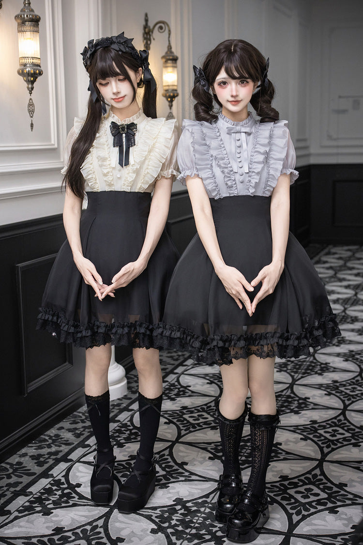Puff-Sleeve Color-Blocked Faux Two-Piece Sweet Dress