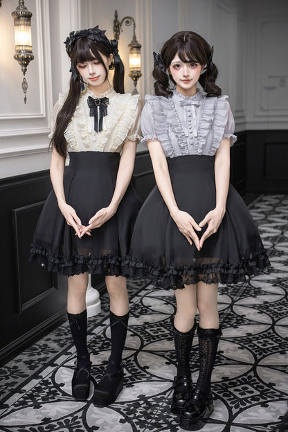 Puff-Sleeve Color-Blocked Faux Two-Piece Sweet Dress