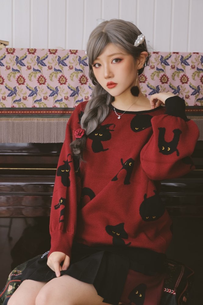 Halloween Black Cat Lolita Sweater with Tie