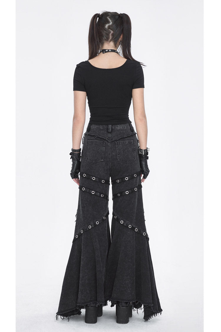 Flared Punk Pants with Ruffled Hem and Eyelet Details