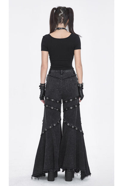 Flared Punk Pants with Ruffled Hem and Eyelet Details