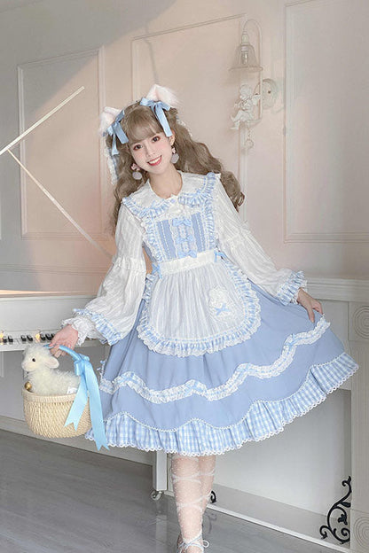 Blue JSK Dress Sweet Lolita Lapel Collar Bowknot Ruffled - Altfashion Shop