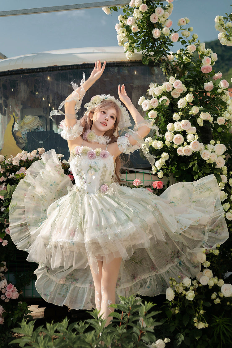 Emerald Layered Fishbone Lace-Up Lolita JSK - Spring Rose