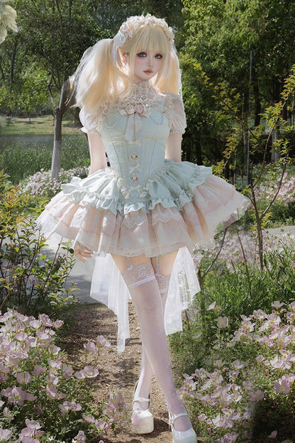 Green Fleeting Light Shallow Dream Sleeveless Multi-Layered Ruffle Bowknot Lace Slim Sweet Ballet Jsk Dress