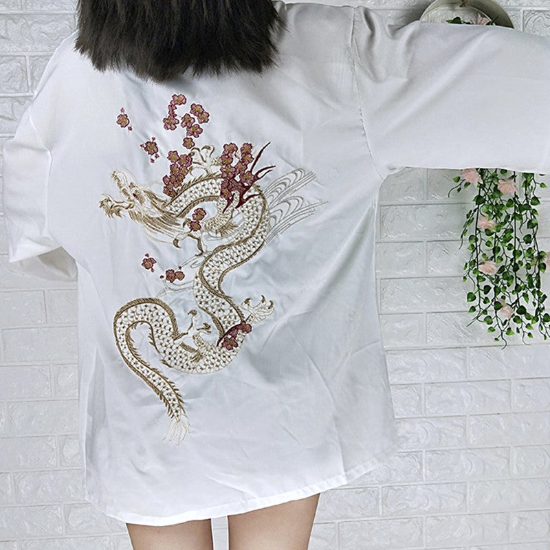 Black Dragon Chinese Embroidery Kimono Outerwear Sun Protective