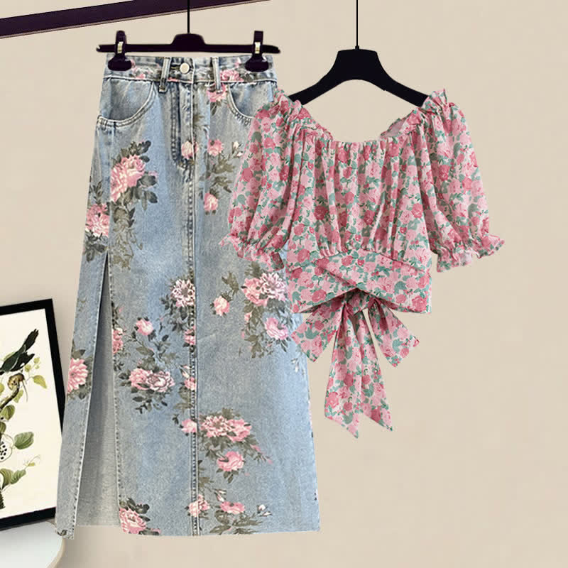 Floral Print Puff Sleeve T-Shirt Split Denim Skirt