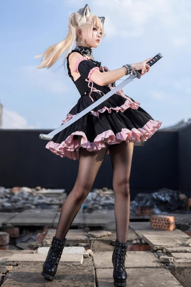 Black Pink Sleeveless Multi-Layer Ruffle Bow Sweet Lolita JSK Dress