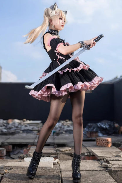 Black Pink Sleeveless Multi-Layer Ruffle Bow Sweet Lolita JSK Dress