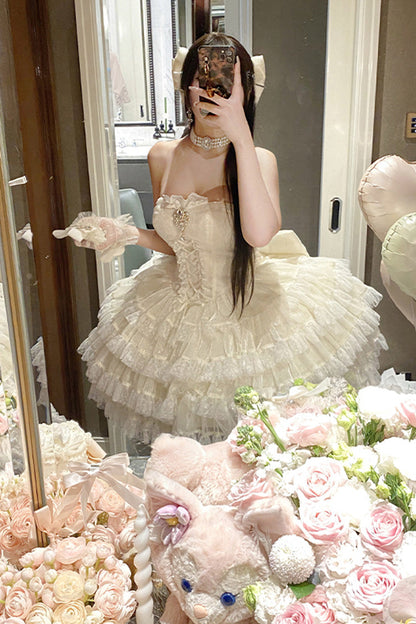 Heartbeat at First Sight Off-Shoulder Sleeveless Multi-Layered Ruffle Bowknot Lace Lace-Up Sweet Princess Gorgeous Lolita Dress in Beige