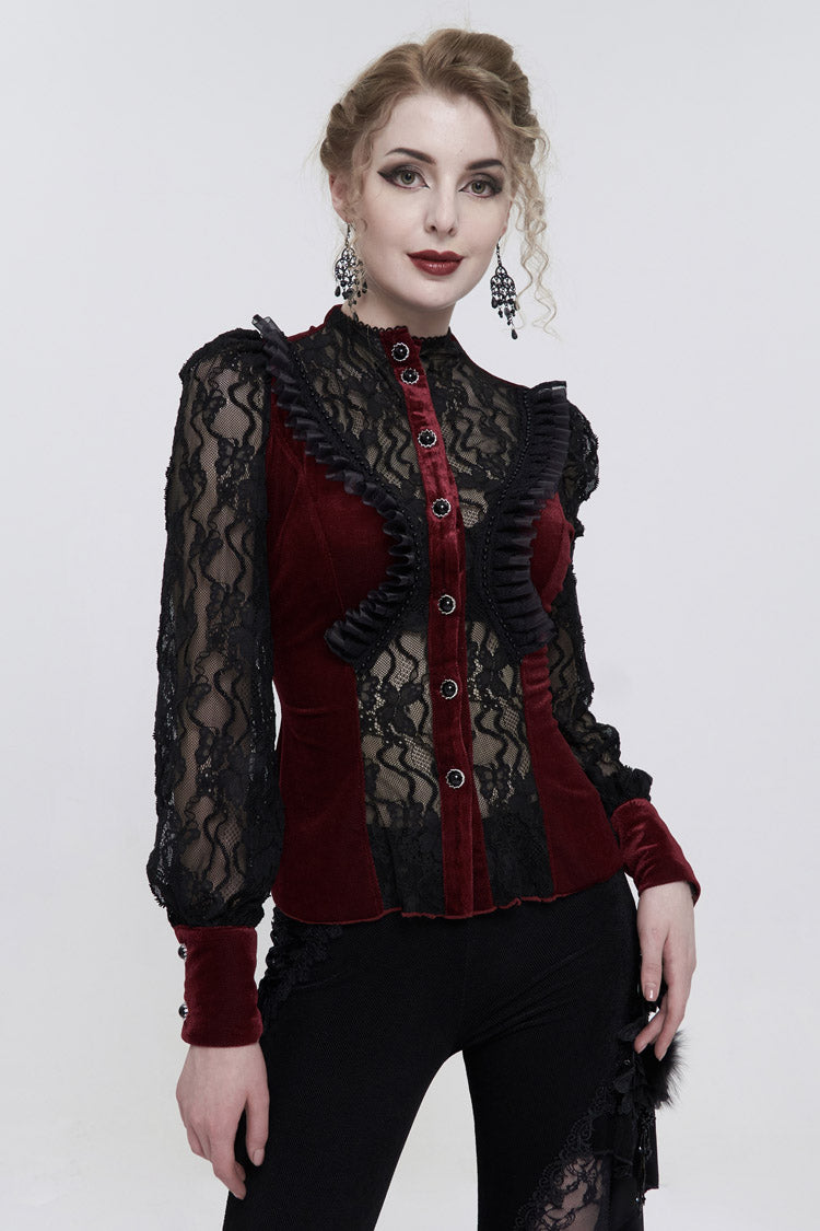 Velvet High Neck Lace Fake Bra Design Butterfly Mesh Gothic Shirt