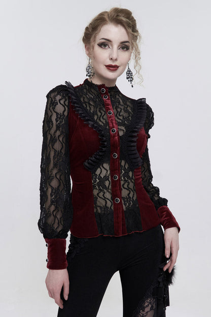 Velvet High Neck Lace Fake Bra Design Butterfly Mesh Gothic Shirt