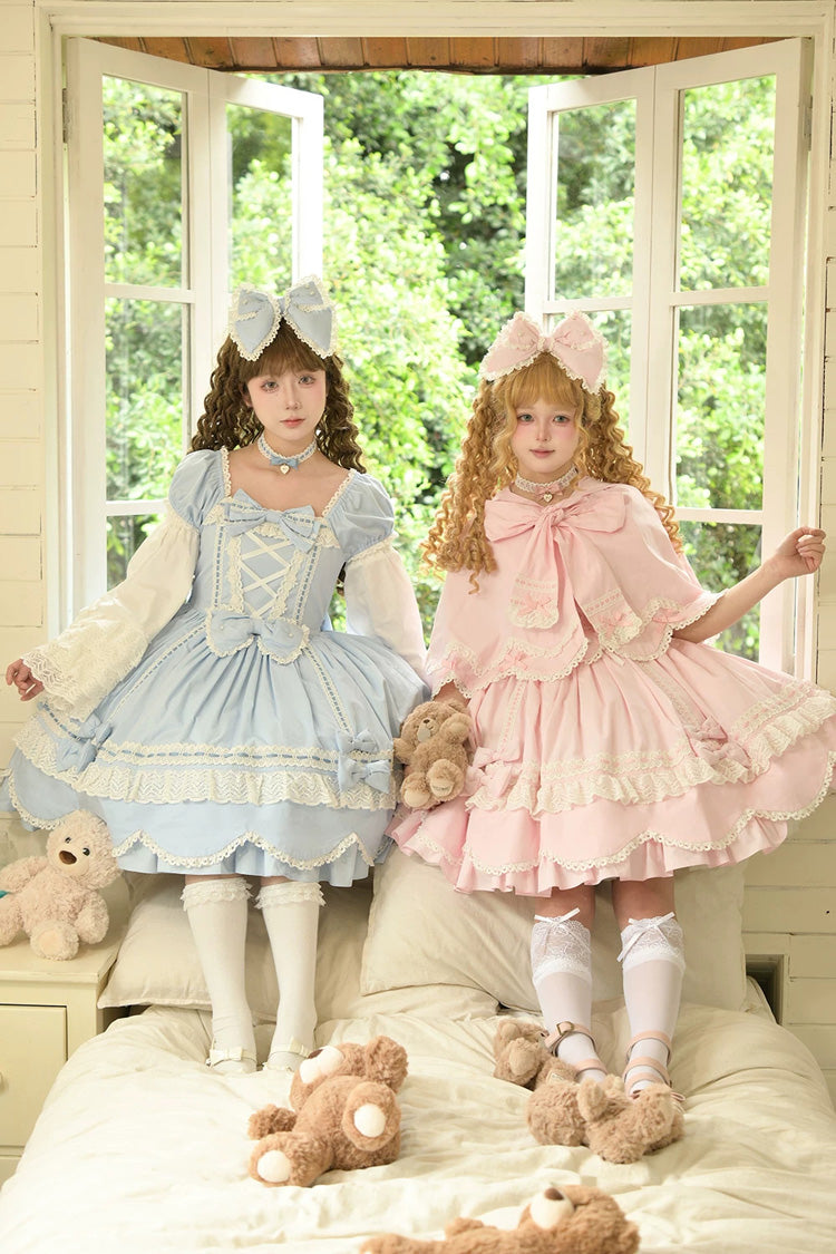 Square-Neck Cotton Dress with Double Ruffle Lace and Lacing