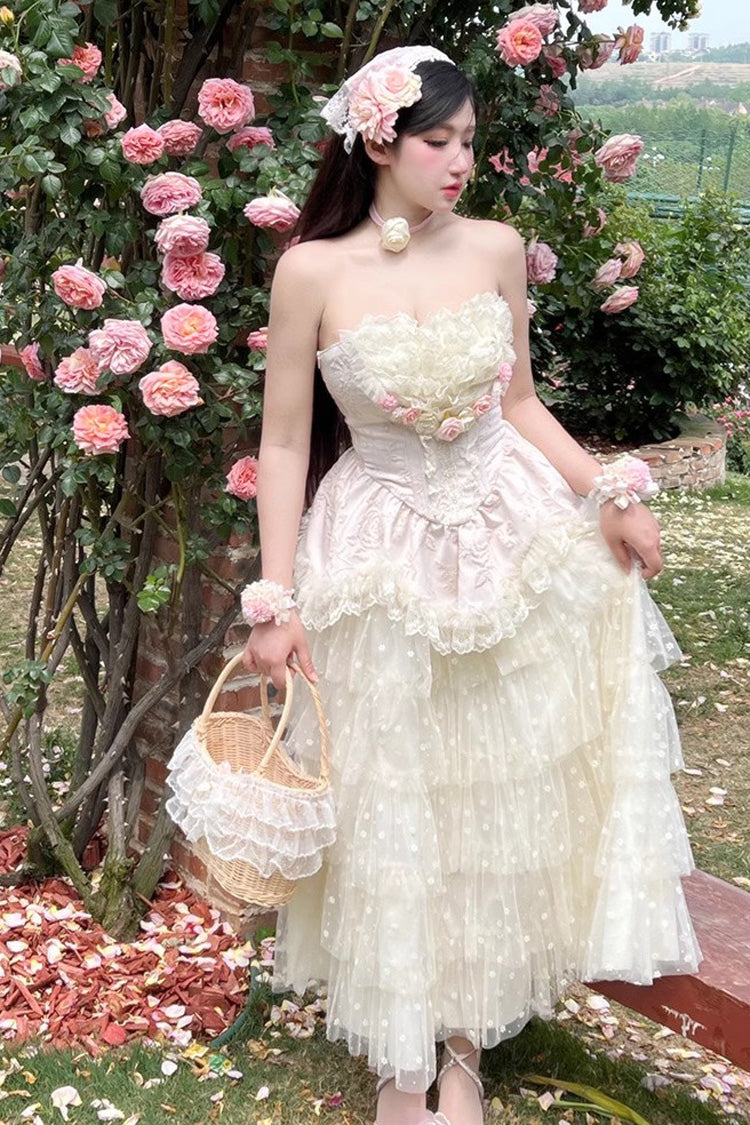 Pink Floral Love Ruffle Bow Lace Elegant Lolita Maxi Set