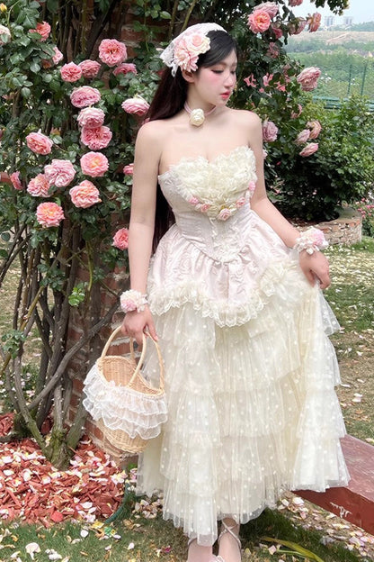 Pink Floral Love Ruffle Bow Lace Elegant Lolita Maxi Set