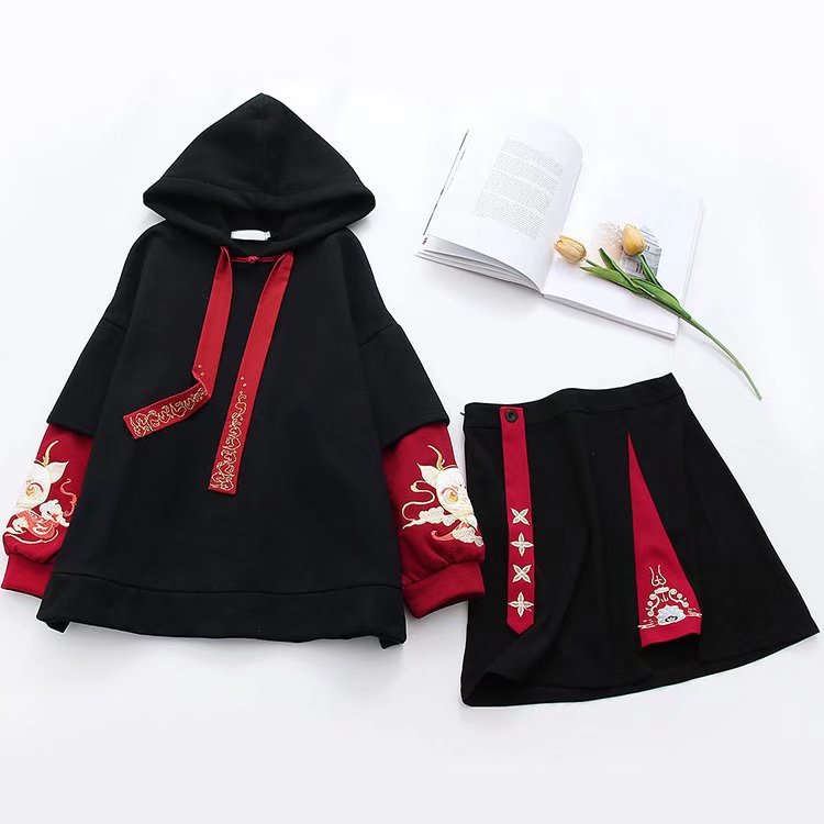 Stylish Dragon Embroidery Colorblock Hoodie Skirt Set