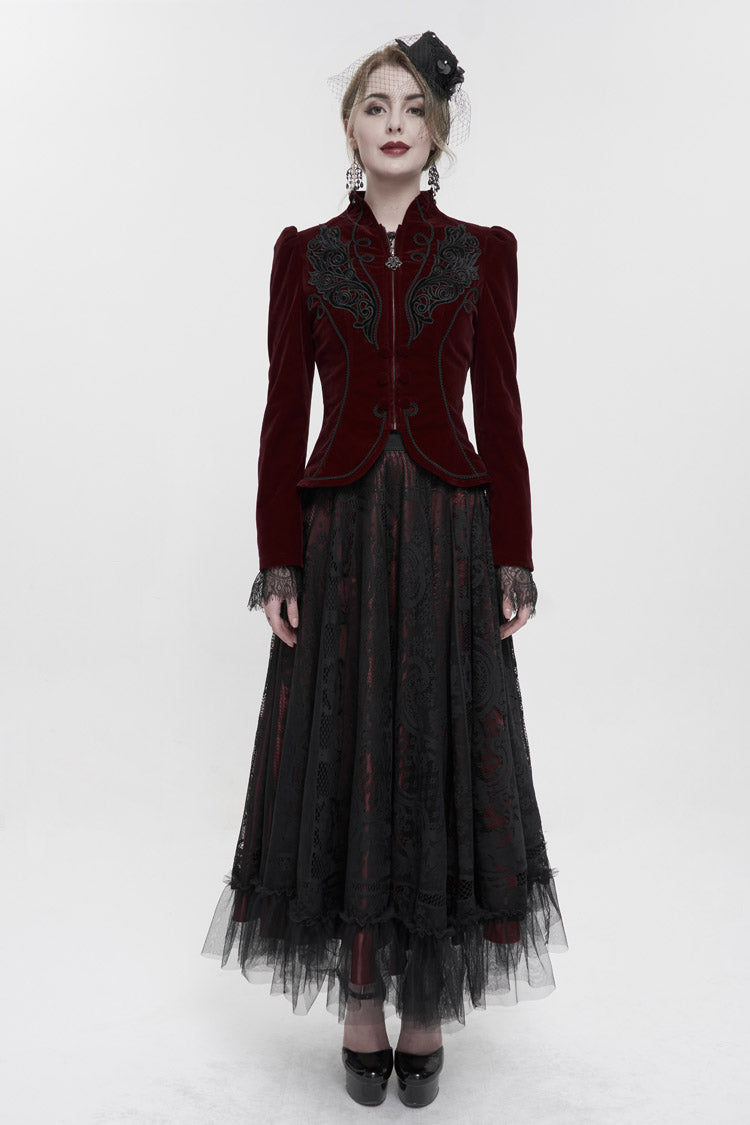 Crimson Mandarin Collar Velvet Chest Applique Pendant Zip Long Sleeve Goth Jacket