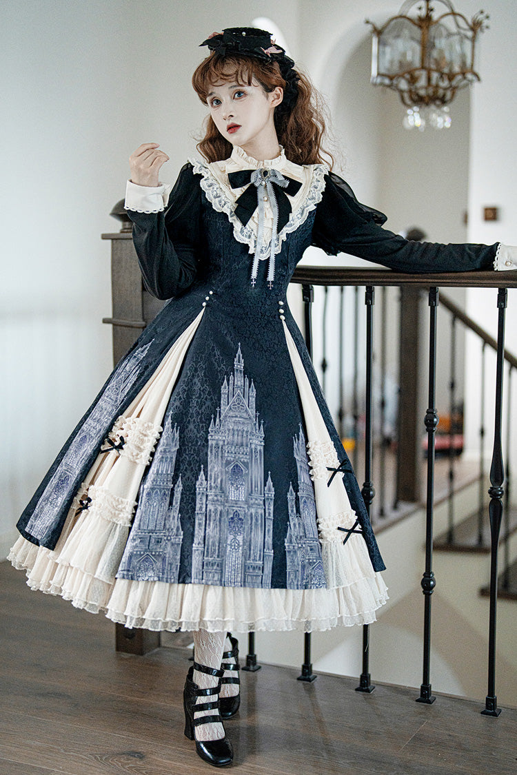 Black White Bell Print Ruffle Bow Lolita Dress