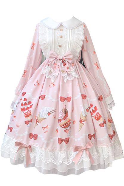 Pink Sweet Lolita OP Dress with Strawberry Print and Lace Sleeves
