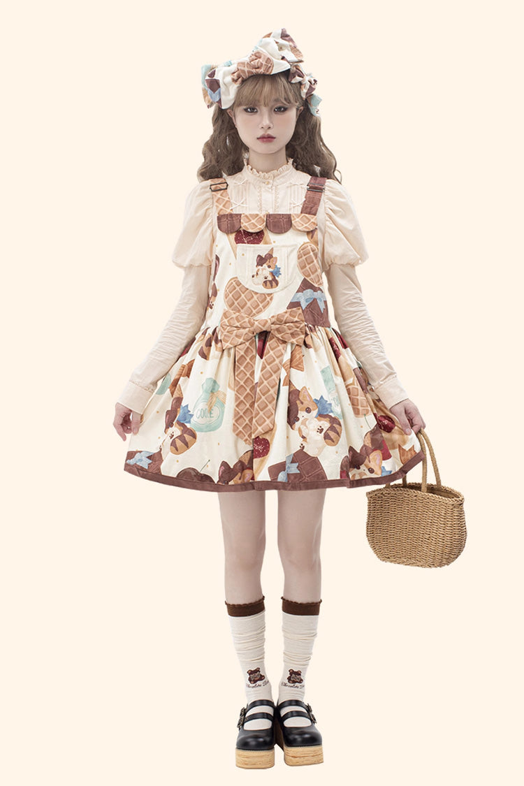 Multicolor Sleeveless Muffin Kitten Print Bow-Trim Sweet Lolita Strap Dress