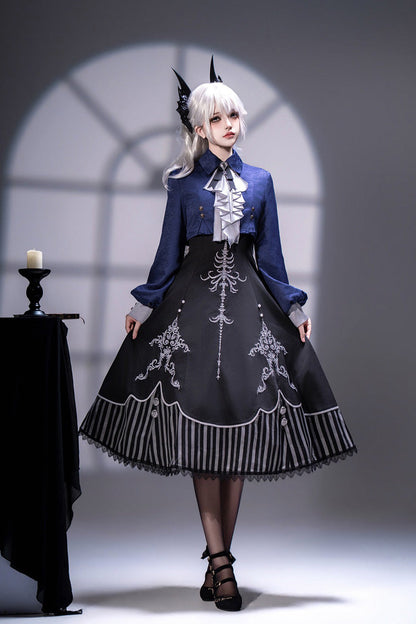Embroidered Gothic Vintage Jumper Dress Set - Black
