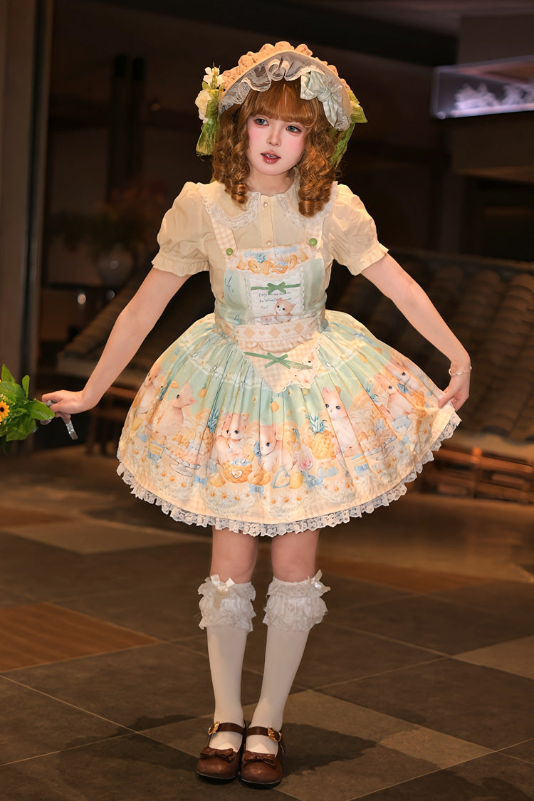Emerald Pineapple Cat Print Sleeveless Bowknot Lace Sweet Lolita Strap Dress