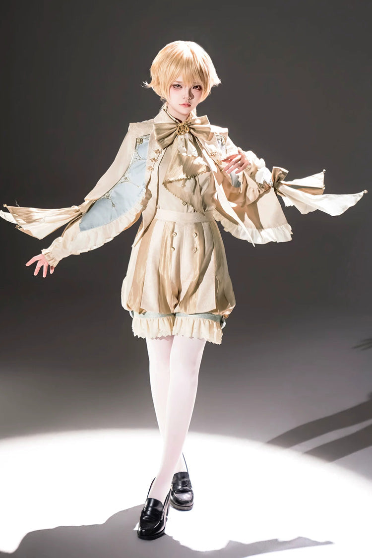 Golden Stand-Collar Long-Sleeve Embroidered Ruffled Bow Ouji Ensemble