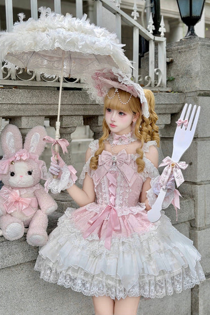 Rose Pearl Ballet Square Neck Sleeveless Layered Ruffles Bow Lace-Up Pearl Decor JSK