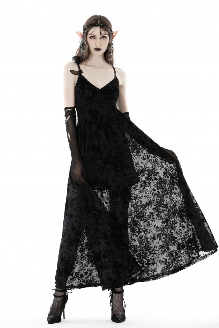 Maxi Rose Print Gothic Slip Dress with Lace-Up Back - NoirEdge