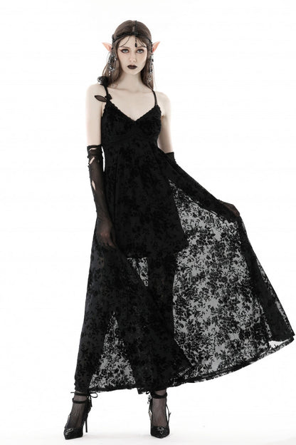 Maxi Rose Print Gothic Slip Dress with Lace-Up Back - NoirEdge
