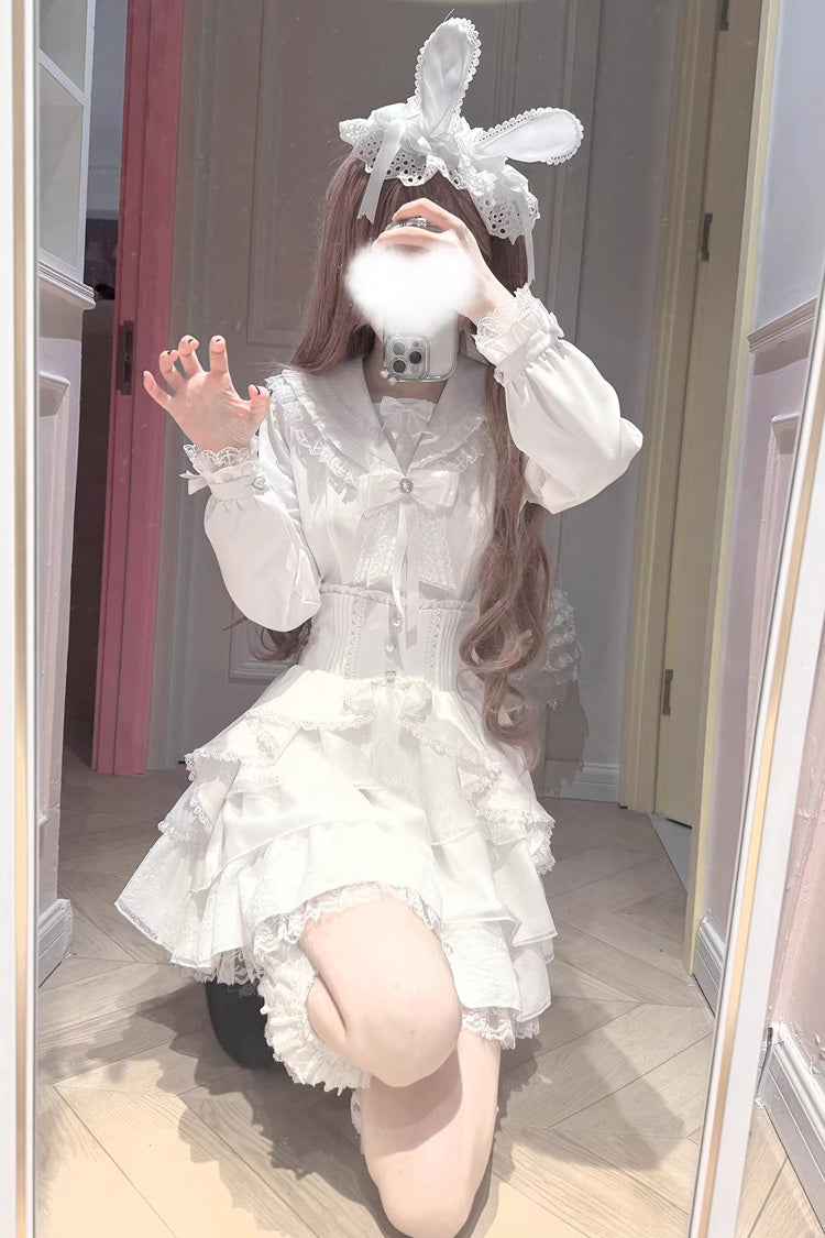 Multi-Layered Ruffled Bow Skirt Set - White Snow Season Love Letter