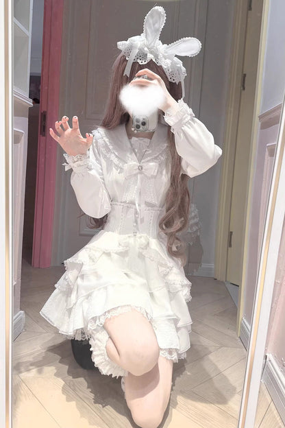 Multi-Layered Ruffled Bow Skirt Set - White Snow Season Love Letter