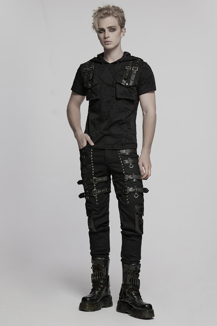 Studded Punk Pants with Buckle Straps and Mesh