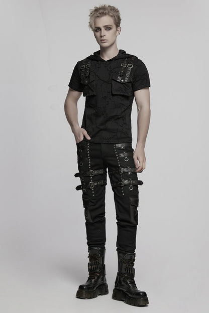 Studded Punk Pants with Buckle Straps and Mesh