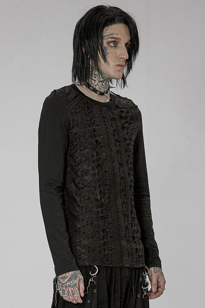 Gothic Printed Spliced Long Sleeve Tee with Textured Webbing