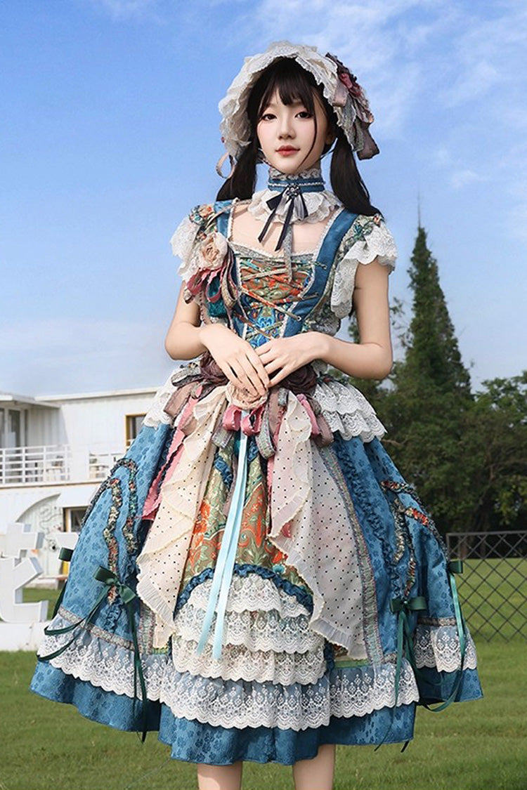Sleeveless High Waist Printed Ruffled Cardigan Bow Lace-Up Vintage Princess Lolita JSK