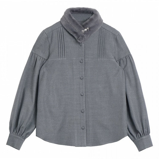 Gray Banded Collar Shirt with Plush Collar