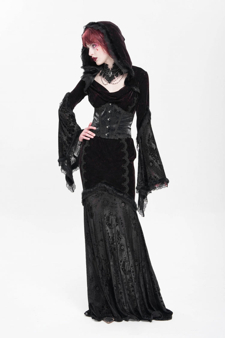 Trumpet Sleeve Embroidered Lace Hooded Mesh Gothic Dress