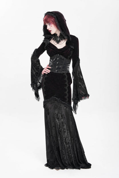 Trumpet Sleeve Embroidered Lace Hooded Mesh Gothic Dress