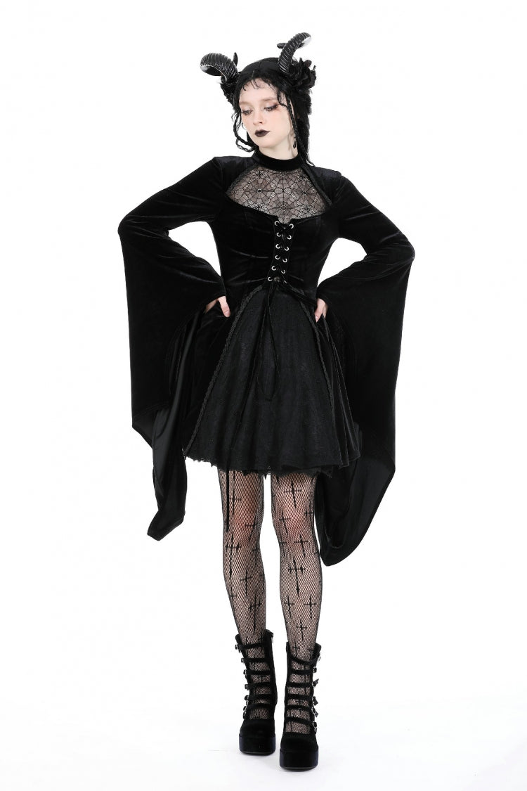 Velvet Gothic Wedding Gown with Mesh and Lace-Up Details