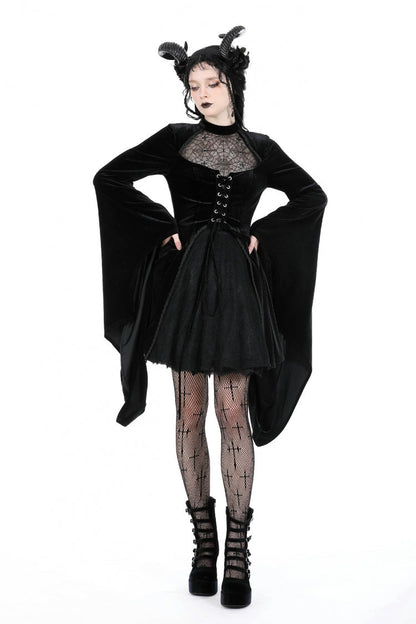 Velvet Gothic Wedding Gown with Mesh and Lace-Up Details