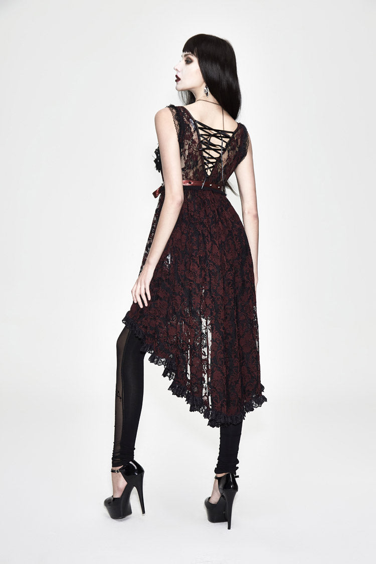 Waist Knot Back Lace-Up Frill Hem Sleeveless Rose Mesh Gothic Tee