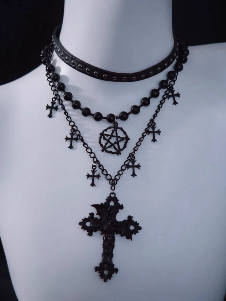 Pentagram Cross Pendant Black Triple Layered Necklace