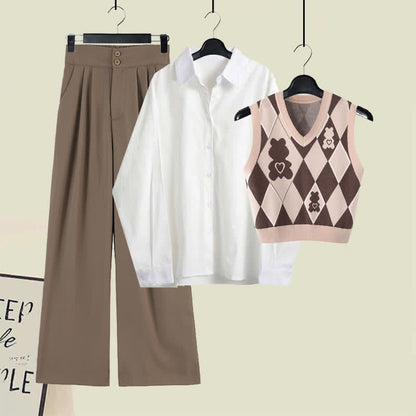 Suit Bear Print Cute Waist Lapel Vest Shirt Pants High