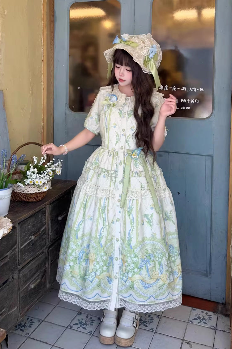 Ivory Green Lily of the Valley Perfume Pearl Candy Tea Doll Collar Short Sleeve Print Lace Plus Sweet Lolita OP