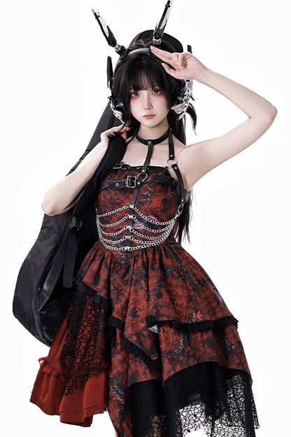 Sleeveless Printed Gothic JSK Dress with Asymmetric Ruffled Lace - Strawberries of Blood and Tears