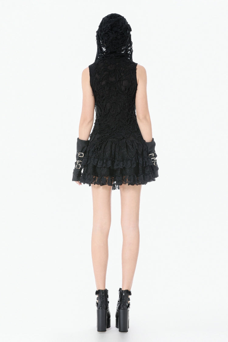 Hooded Punk Top with Ripped Mesh and Eyelets